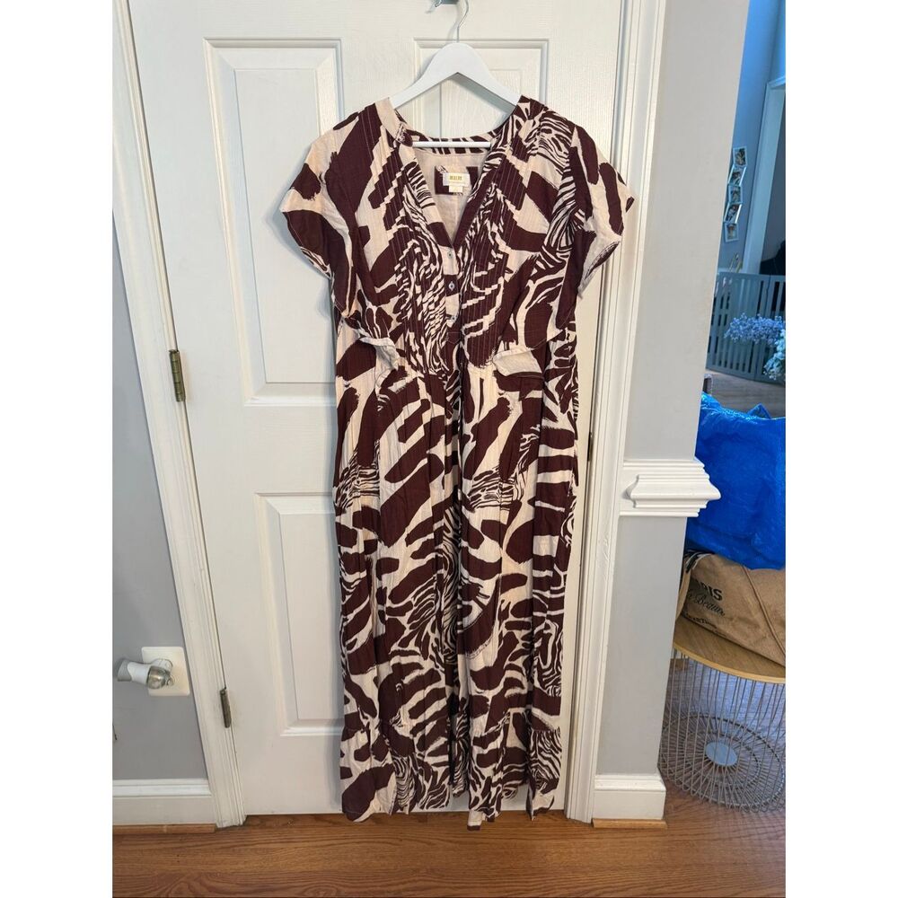 Anthropologie Brown & Cream Abstract Print Maxi Dress